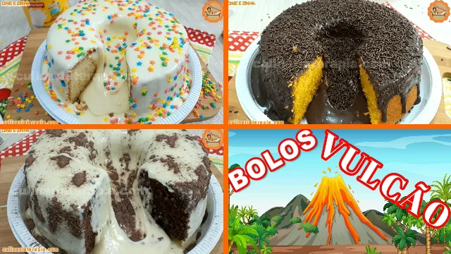 3 Receitas para Fazer Bolo Vulcão de Leite Ninho, Bolo Vulcão Cenoura e Brigadeiro, Bolo Vulcão Chocolate e Leite Ninho.